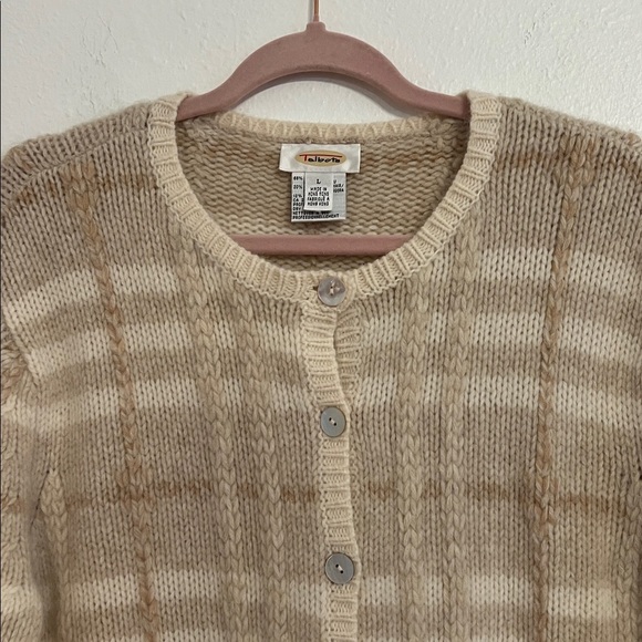 Talbots Size L Wool/ Angora Cream/Tan/Beige Classic Luxury Plaid Knit Sweater - Picture 2 of 9